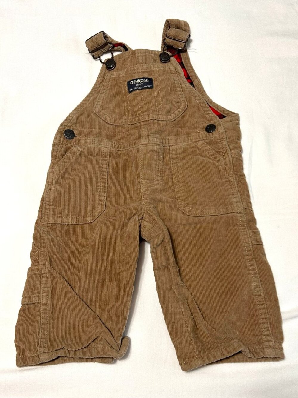 6 Month OshKosh B'Gosh Corduroy Tan Khaki Overalls with Plaid lining and pockets